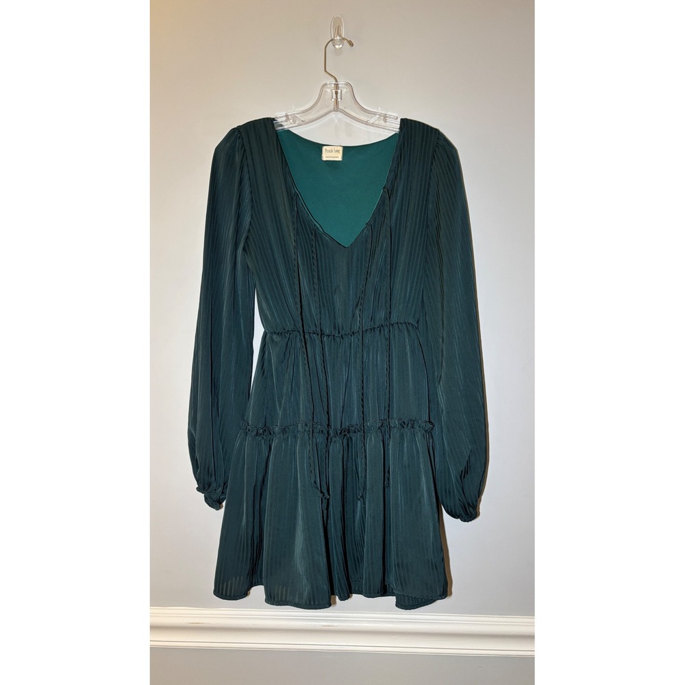 Peach Love California Dress Women Forest Green Pleated Tiered Long Sleeve Mini